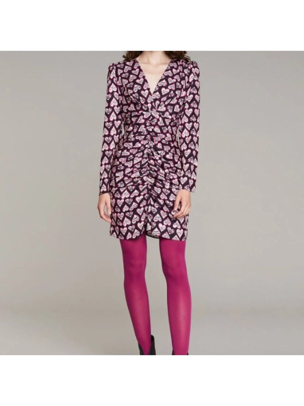 *Denny Rose Heart Print Satin Mini Dress Draped V-Neck IT 42 S